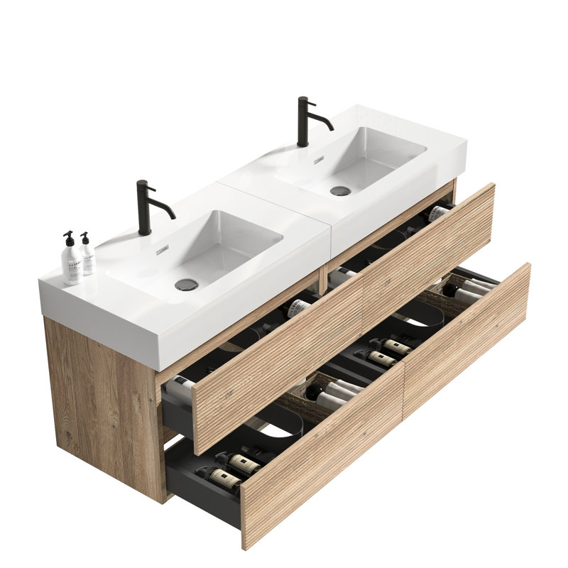 Meuble-lavabo mural flottant 60 po avec lavabo à quartz blanc, tiroirs en chêne brut, couleur noyer, poignée cachée, charnières de tiroir à fermeture en douceur, meuble-lavabo à finition eau de qualité E0, meuble-lavabo double Mid-Century