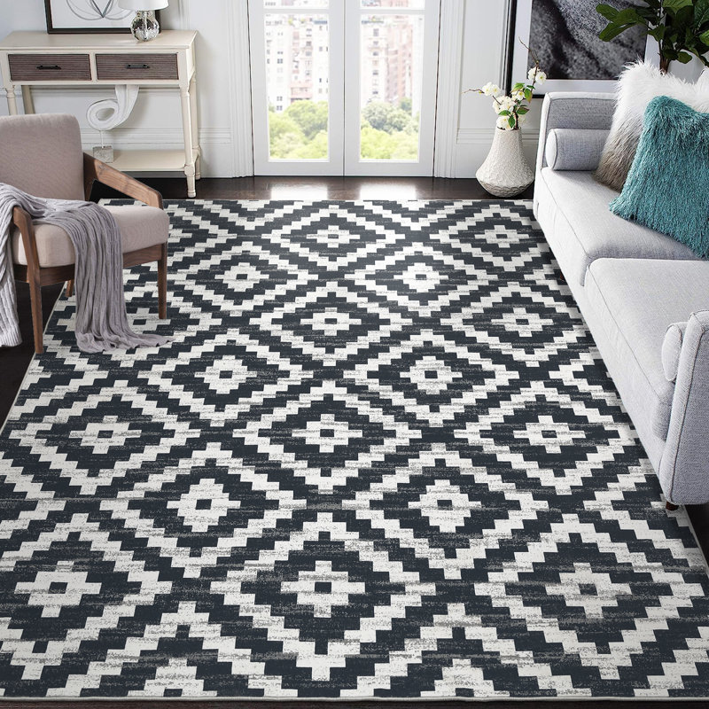 Geometric Machine Washable Rug for Living Room Bedroom Diamond Checkerboard Non-Slip Low Pile Rubber Backing Area Rug for Playroom Office Kitchen Dining Room Dorm and Bedside Decor