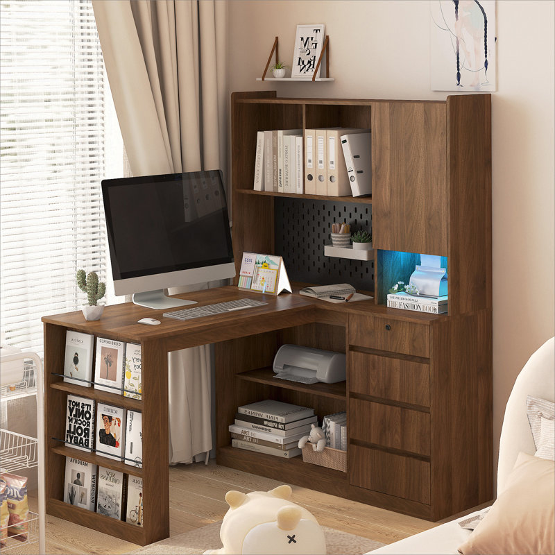 L Shaped Desk with Charger,Computer Desk with Drawers,Bookshelf, with LED Light,Modern Corner Desk,Home Office Desk,L-Shaped Study Table Writing Desk,Corner Gaming Computer Desk with Storage