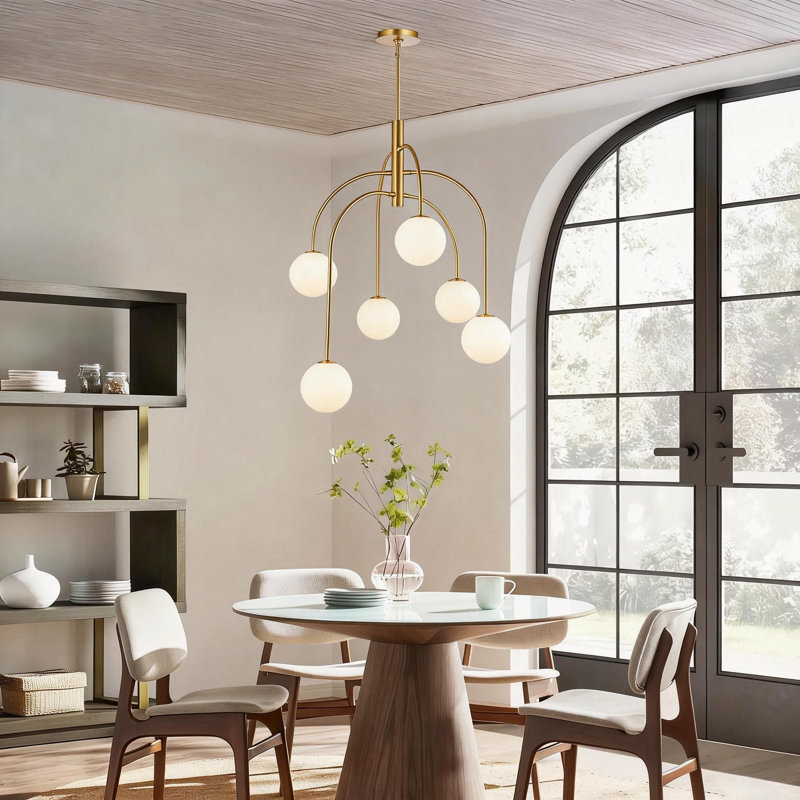6 - Light Dimmable Sputnik Modern Linear Chandelier with White Glass Shade, 6