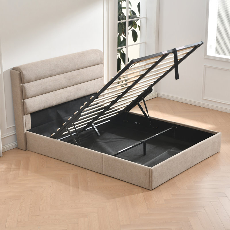 Linen 3-Panel Headboard Queen Bed Frame with Lift Up Storage, No Box Spring Needed, Light Brown, Queen, Light Brown