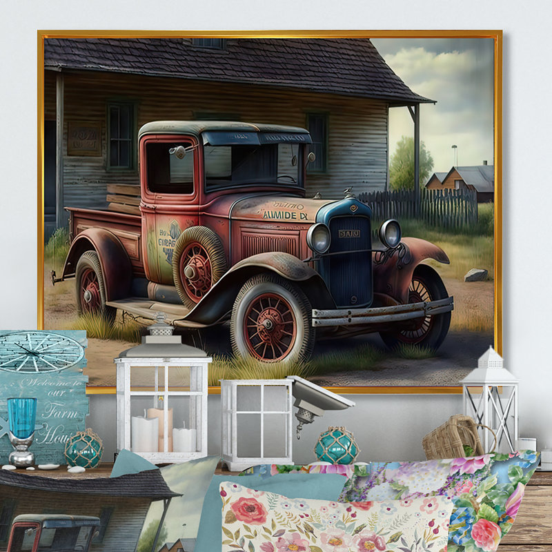 30S American Car at the Barn - Peinture sur toile, H 12 po x l 20 po x P 1 po, Toile avec cadre flottant or