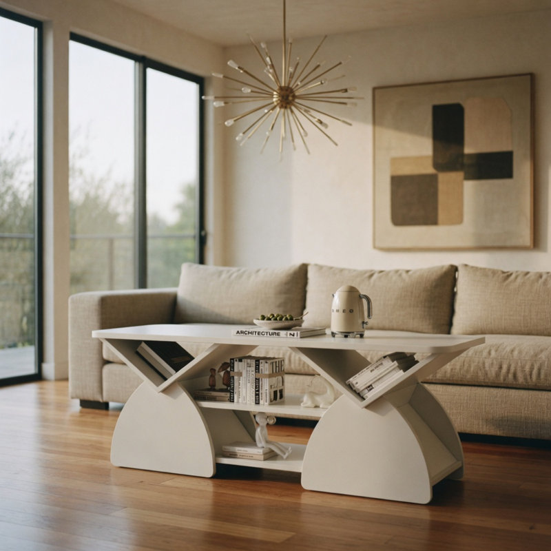 Table basse de coin rectangulaire arrondie en bois d'ingénierie pour le salon, table de rangement facile à assembler avec tablettes ouvertes, cadre robuste pour la salle de réception, table basse moderne à motif géométrique blanc