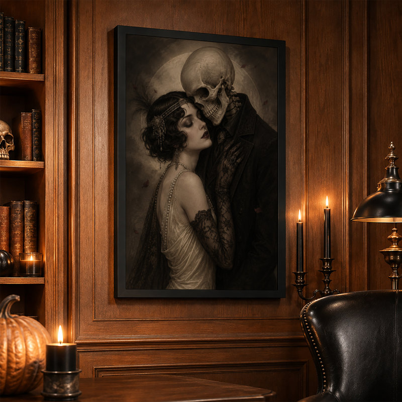 Flapper, femme embrassant un homme squelette sous la lune, art mural sur toile, 18"H x 12"W