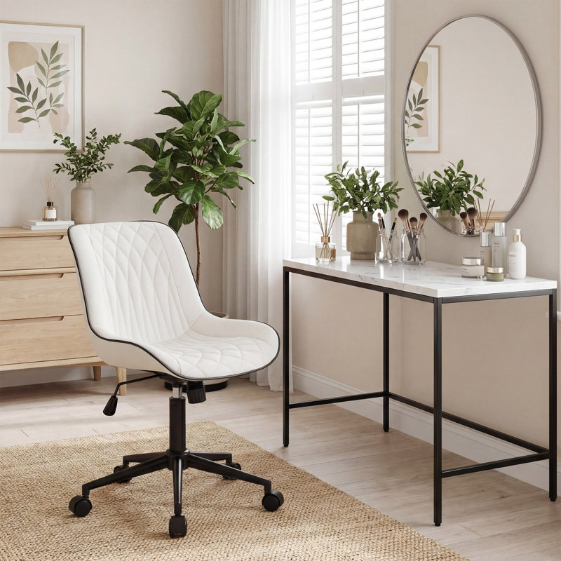 Armless Swivel Office Chair Faux Leather Upholstered Waterproof Desk Chair Ergonomic Adjustable Computer Chair, White