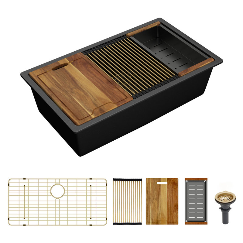 Évier de cuisine encastré à quartz 33 po x l 19 po avec évier de cuisine noir mat avec accessoires , Noir mat