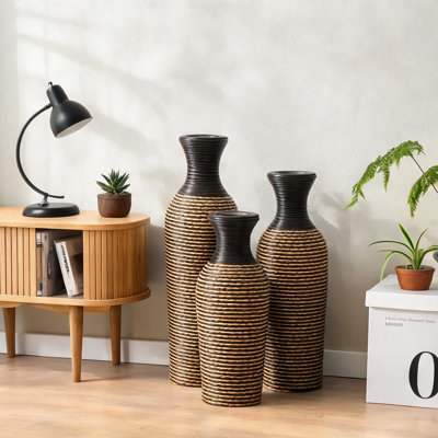 Brown Pvc Vases and Jars, 27.56 in, featuring Shelving with Classic Brown Hand-Woven PVC Rattan Floor Vases Set