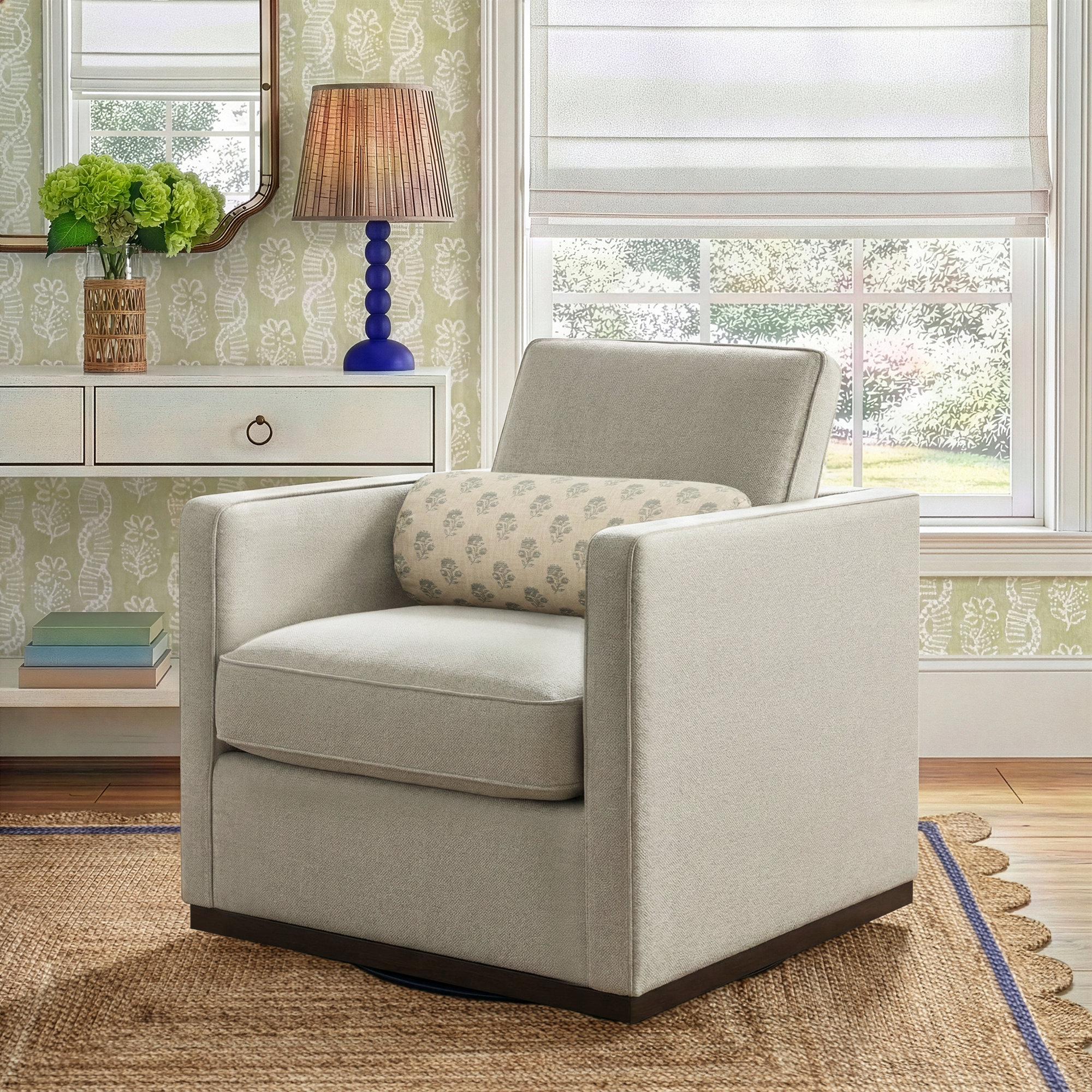 Bobbi Upholstered Swivel Armchair, Effie Linen Performance Linen