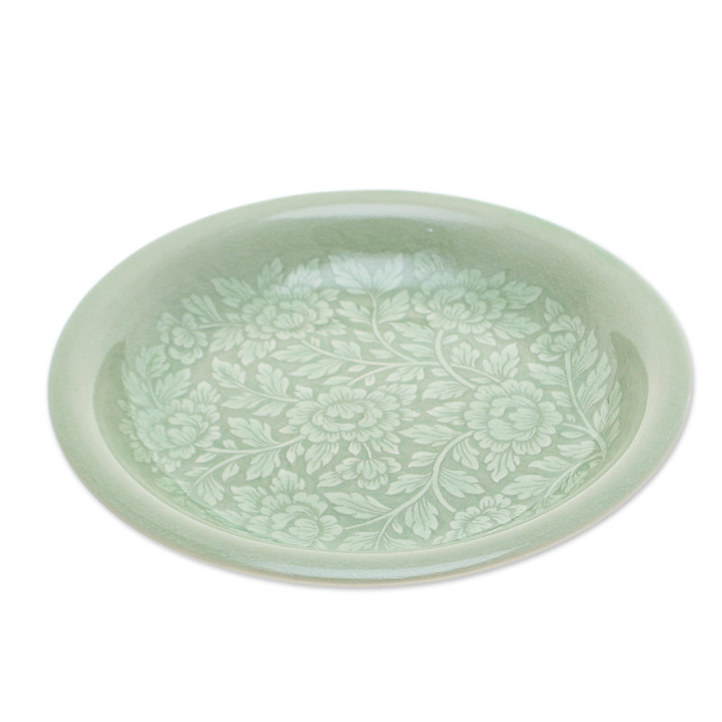 Red Barrel Studio® Handmade Wealthy Peony Celadon Ceramic Luncheon Plate