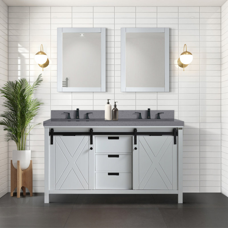 Meuble-lavabo blanc 60 po X P 22 po P, comptoir en quartz gris et 24 po Miroirs, Blanc