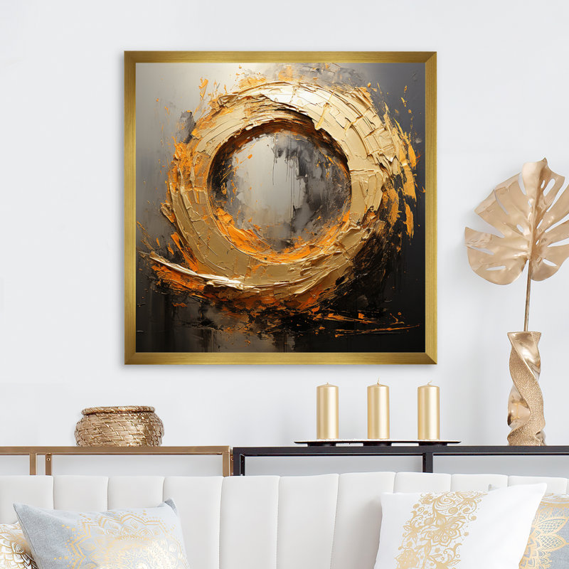 Spirale rétro, peinture dorée sur fond noir I - Abstract Spirals Large, art mural, H 30 po x l 30 po x P 1 po