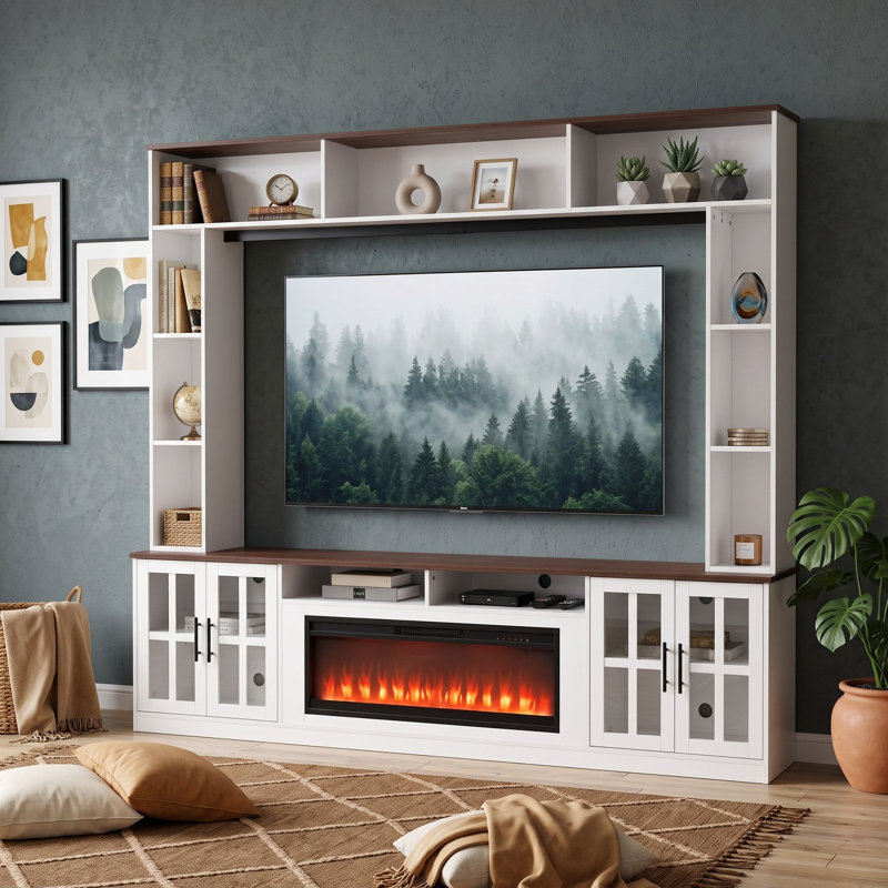 Meuble audio-vidéo mural pour téléviseur de 80 po ou moins avec foyer électrique, portes en verre trempé et tablettes réglables