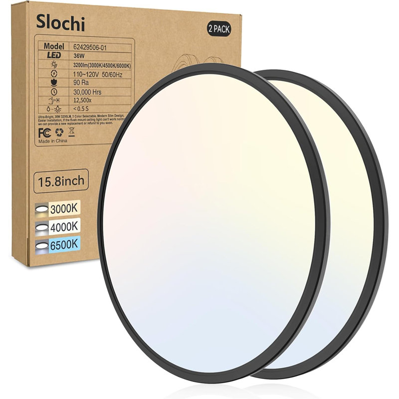 15.4 Inch 2 Pack Flush Mount LED Ceiling Light, 36W Ultra Thin LED Ceiling Light, 3000K/4500K/6000K 3 Color Temperature Low Profile Ceiling Light Fixtures For Bedroom, Kitchen, Living Room