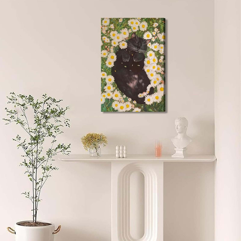 Daisies And Fat Cat Canvas Wall Art Wildflowers Cat Poster Print Wall Decor Painting Funny Cat Abstract Farmhouse Aesthetic Artwork For Bedroom Bathroom Home Decoration