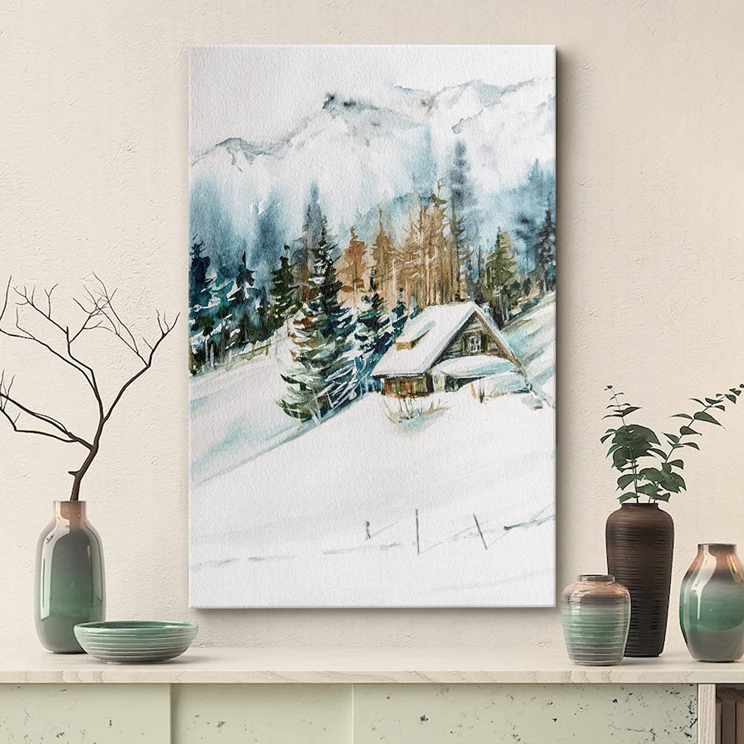 IDEA4WALL Woodland Forest Landscape Log Cabin Winter Snow Mountain ...