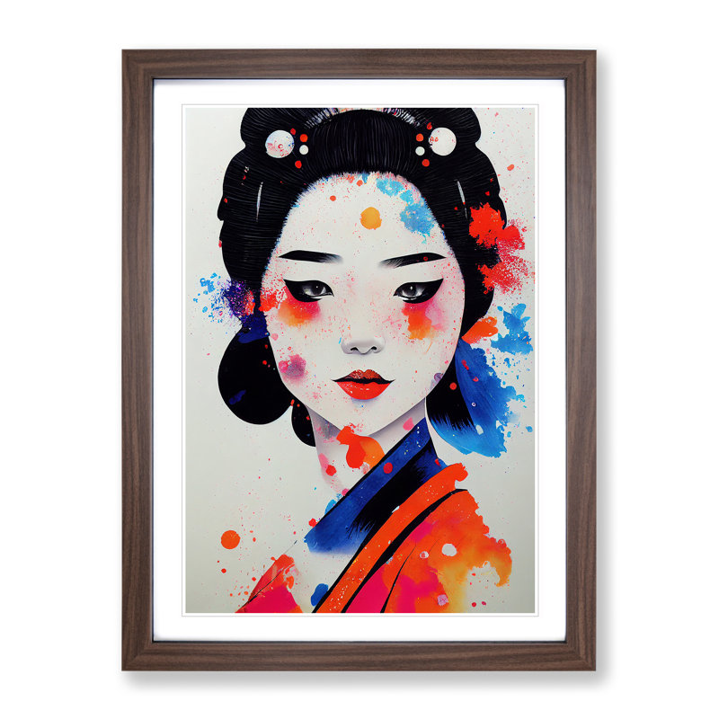 Paint Splashed Geisha No.3 - Wall Art, 34cm H x 25cm W x 2cm D, Walnut Framed