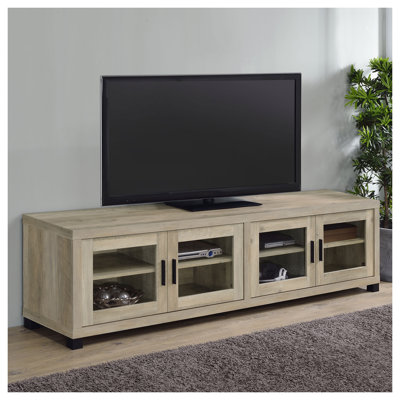 Meuble TV Heron en pin vieilli de 79 pouces (200 cm) pour téléviseurs jusqu'à 85 pouces (216 cm), console multimédia en bois d'ingénierie avec étagères réglables et portes vitrées