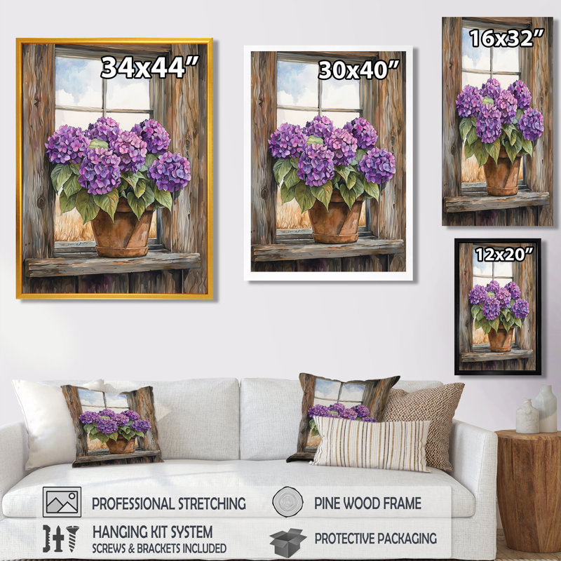 Hortensias près de la ferme - décoration murale hydrangées, H 20 po x l 12 po, Reproduction avec cadre flottant, Crème, crème