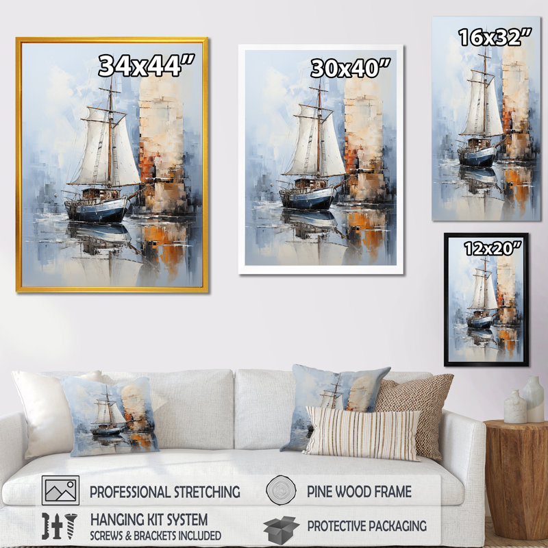 «Minimalist Blue Boat Horizong III - Coastal Minimalisme», art mural, Cadre flottant blanc, H 60 po x l 28 po x P 1,5 po