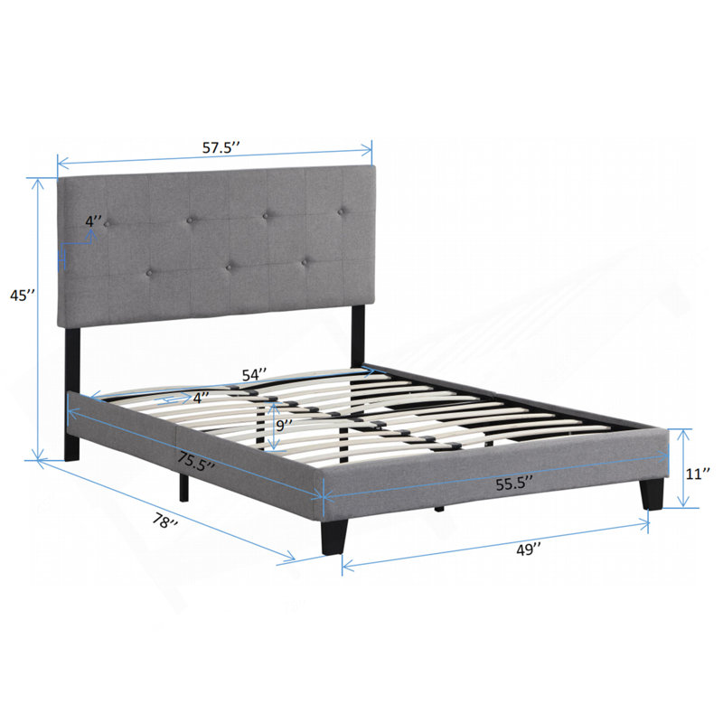 Full Size Upholstered Platform Bed Frame With Modern Button Tufted Linen Fabric Headboard, No Box Spring Needed, Wood Slat Support, Easy Assembly, Grey