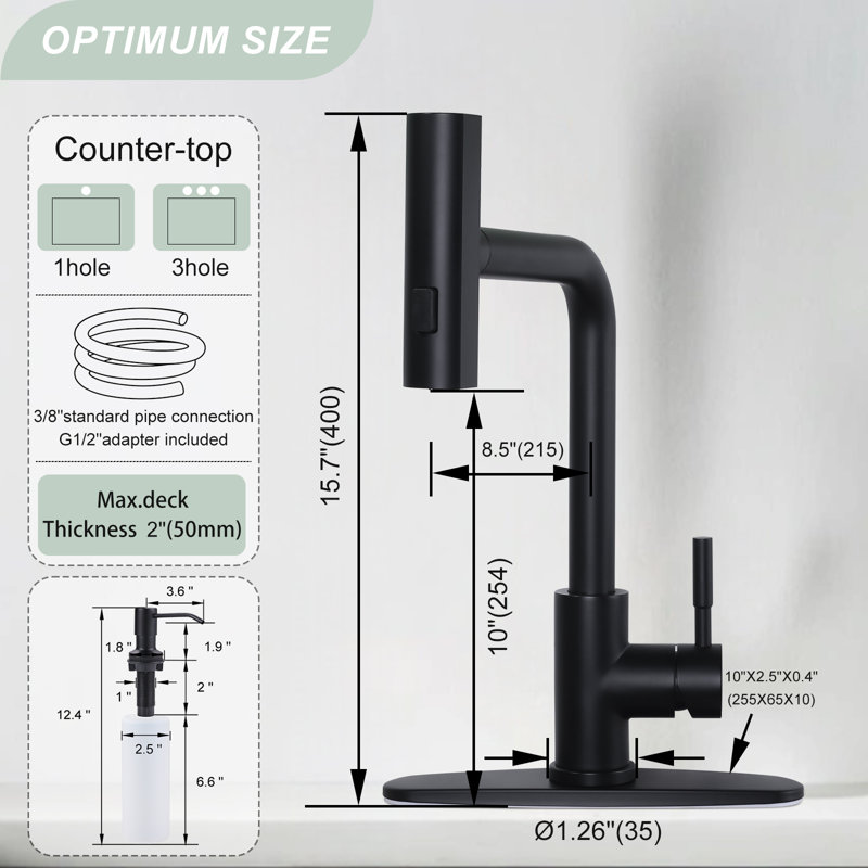 13,5 po Robinet de cuisine à poignée simple avec douchette extractible et distributeur de savon noir mat