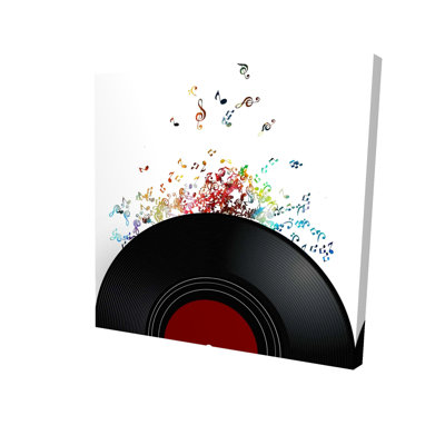 Notes qui s'échappent d'un disque vinyle - décor de toile noire
