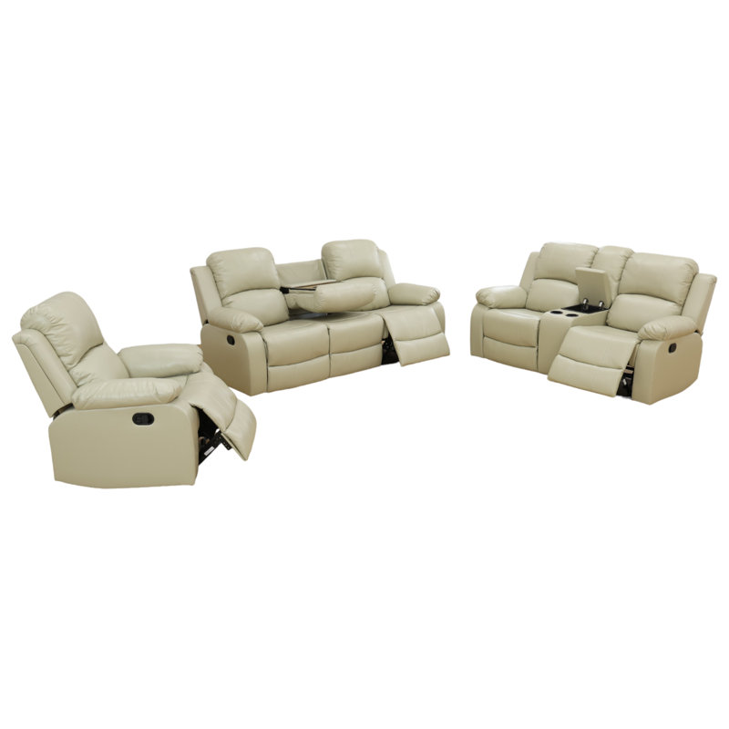 Ensemble de salon inclinable 3 pièces en cuir végétalien manuel, Similicuir beige