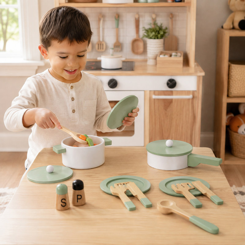 Teamson Kids 14-Piece Wooden Play Kitchen Cookware Set with Green Pan Set with Matching Lids, Utensils Set, Knfe and Fork Set, Salt and Pepper Set