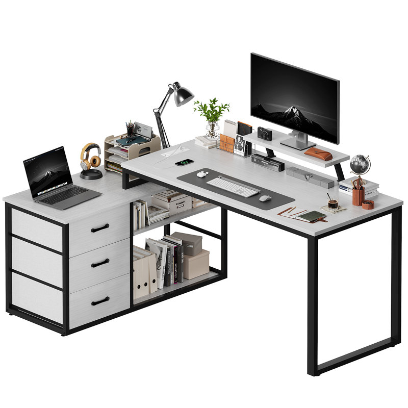 L-Shaped Metal Base Computer Desk, Grey, Black