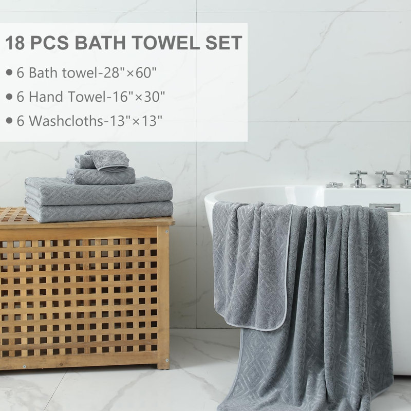 18-Piece Bath Towel Set, Include 6 Bath Towel Sheets, 6 Hand Towels and 6 Washcloths, Dark Gray, Bath Towels - 18 Pack