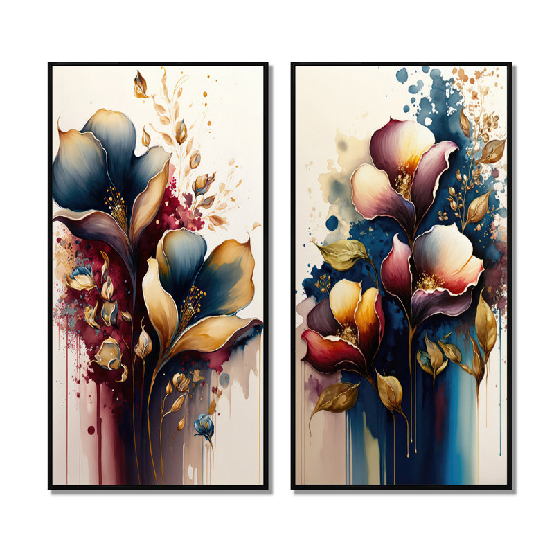 Ensemble de 2 art mural bleu et bourgogne «Cally Lily Bouquet II», Cadre noir, H 40 po x l 40 po