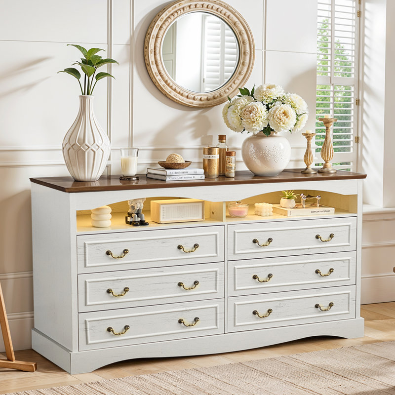 55.12"W Modern 6 Drawer Dresser Chest, Wide Double Dresser With Light, Vintage Farmhouse Wood Closet Dresser Storage Organizer, French Country Chest of Drawers for Bedroom, TV Stand for Living Room