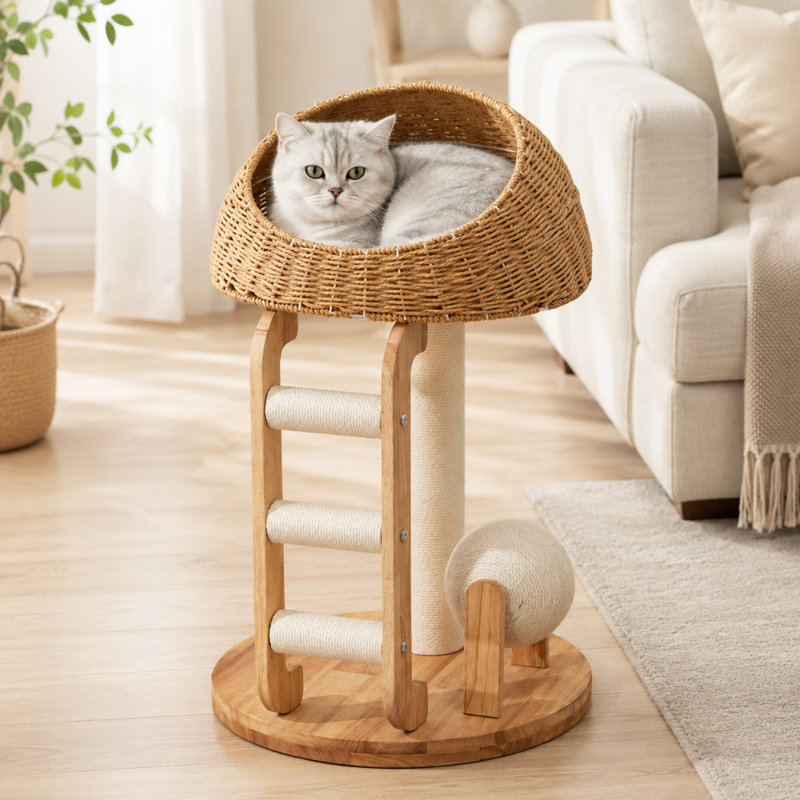 Arbre à chat compact en bois avec lit panier tressé, poteau à griffer en sisal, échelle d'escalade et boule à gratter