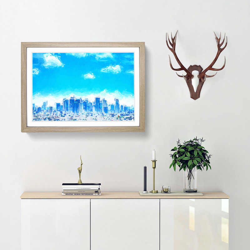 Tokyo Japan Skyline in Abstract - Picture Frame Graphic Art Print, Oak, 50cm H x 76cm W x 2cm D