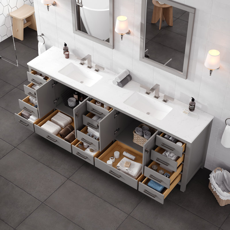 Erma 96 In. Gray Double Sink Bath Vanity With Carrara Quartz Top And Undermount Porcelain Sinks, Gray