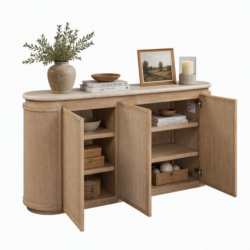 Buffet élégant avec dessus en pierre et dessus en corde avec corde idéal pour le rangement élégant dans les salles à manger ou les espaces de vie
