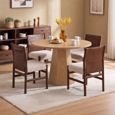 Ensemble de salle à manger 5 pièces rond brun avec table à piédestal et chaises rembourrées avec dossier, pour la cuisine, le salon, la salle à manger