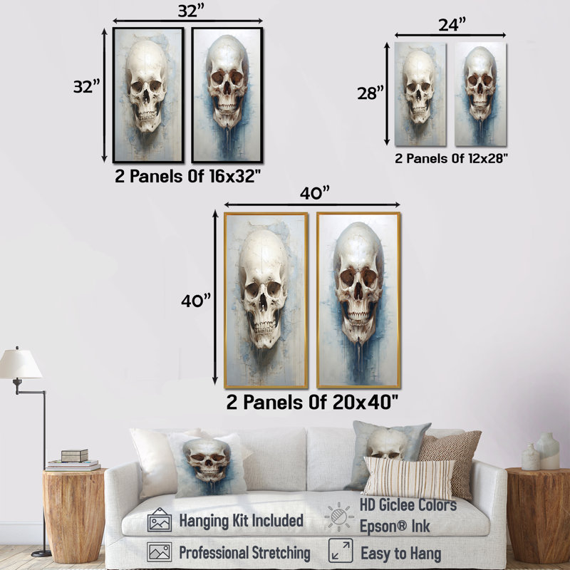 «Skull Elegance Portrait», ensemble de 2 impressions sur toile de crâne, H 28 po x l 25 po, Encadrement brun