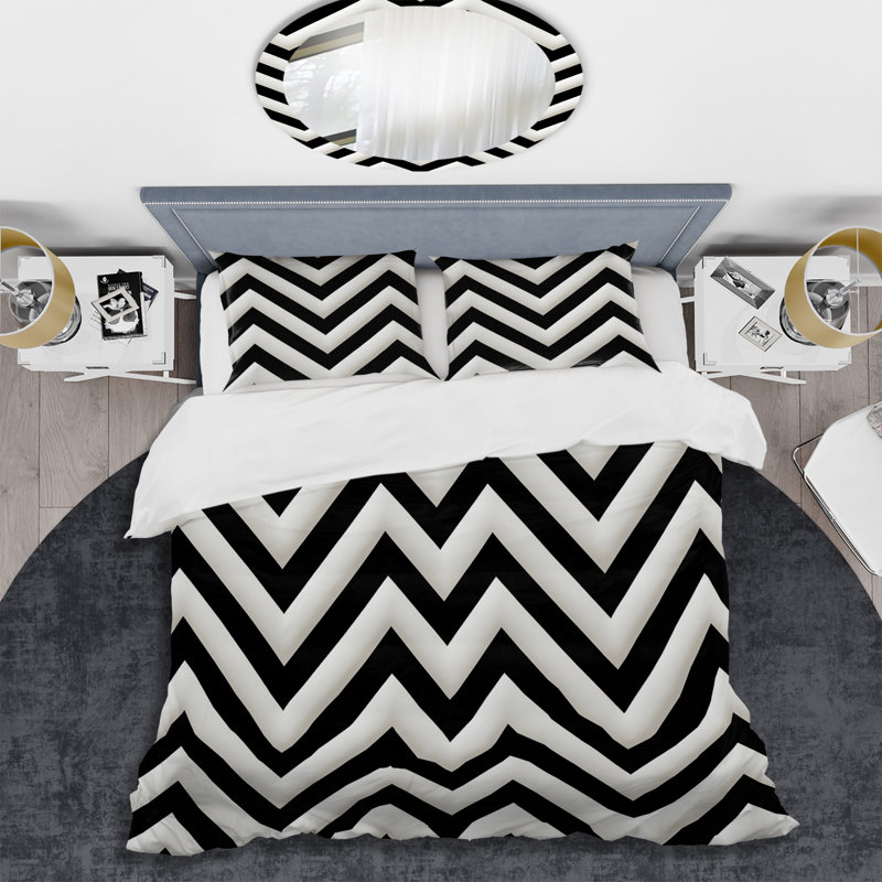 Ensemble de housse de couette à motif de chevrons noir et blanc Harmony, Housse de couette simple + 1 taie décorative stan
