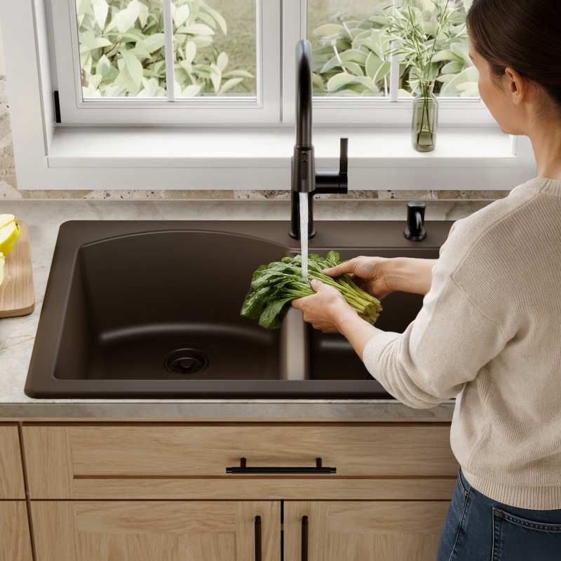 Karran Drop-in Quartz Composite 33'' X 22'' 1-Hole 60/40 Double Bowl Kitchen Sink, Brown