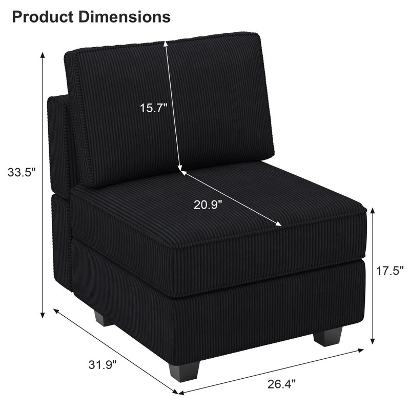 Fauteuil rembourré de 26,4 po de largeur avec dossier rembourré Nakash, Velours côtelé noir