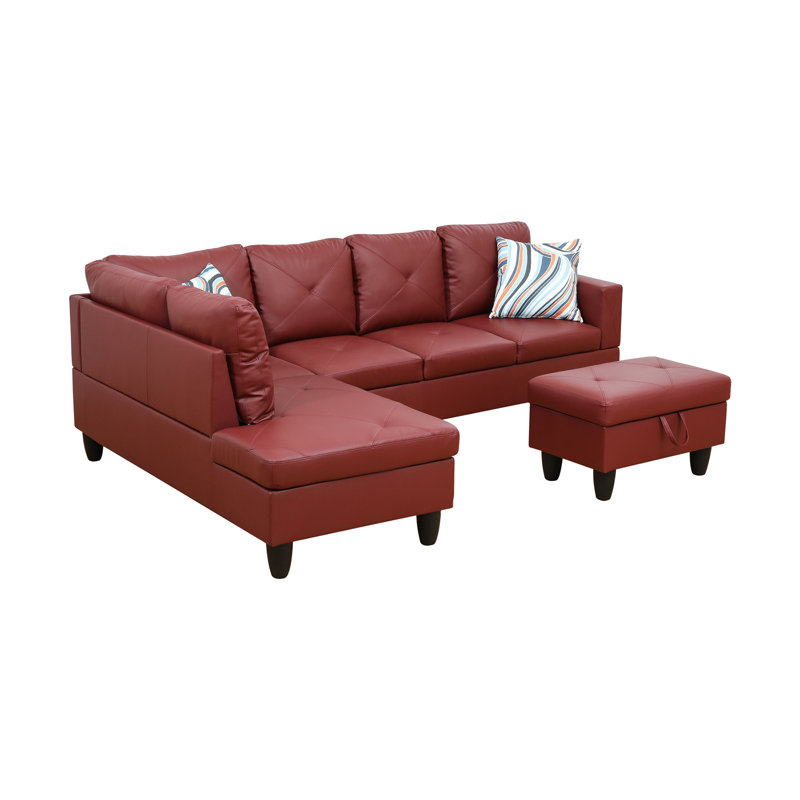 Ensemble de canapé modulaire en similicuir 3 pièces avec repose-pieds rouge, Accoudoir à gauche (vu de face), Noir