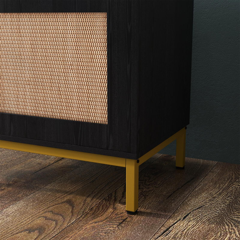 Table de bout en rotin, table de chevet en bois avec tablette de rangement, Noir, 1