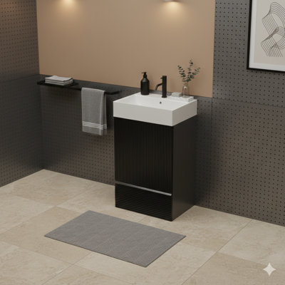 20-Inch Striped Matte Black Bathroom Vanity With Ceramic Sink, Freestanding Bathroom Cabinet For Modern Bathrooms, One-Piece White Ceramic Basin Without Drain And Faucet, Ready To Assemble