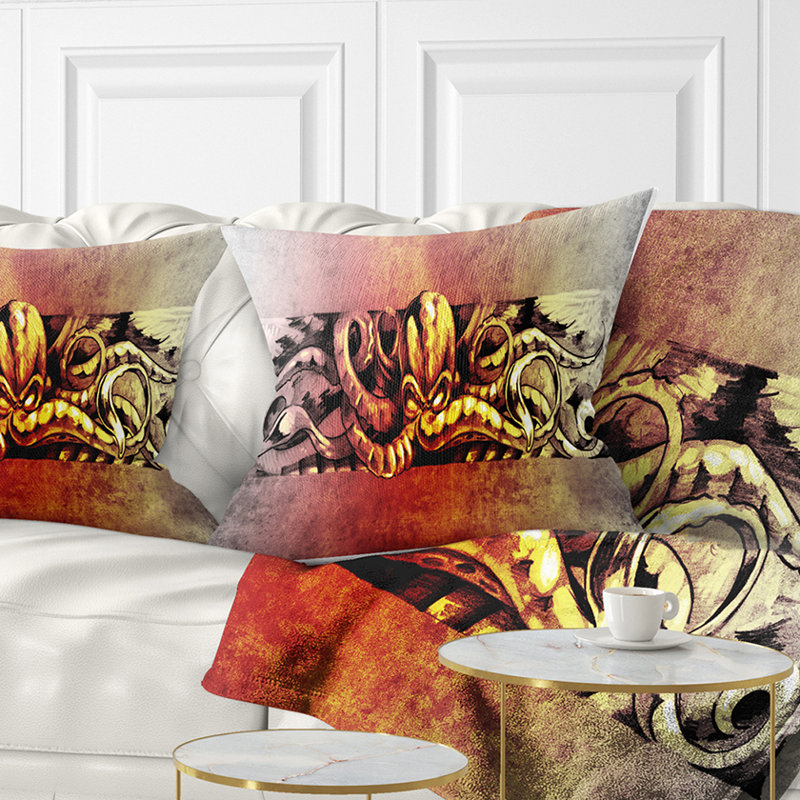 Coussin Octopus, Rectangulaire, Jaune / Rouge, 12 po x 20 po
