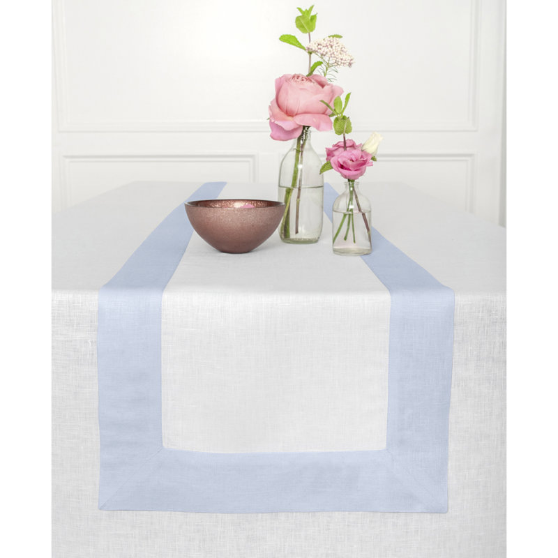 Contempo - 100% Pure Linen Table Runner, 90" x 14", Light Blue/White