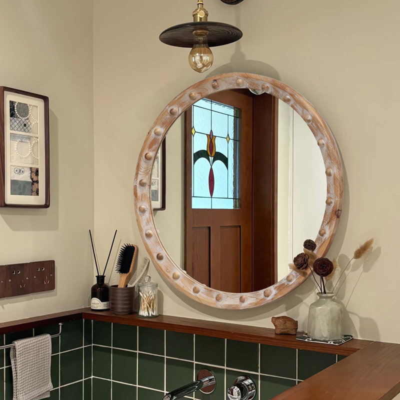 Miroir mural rétro en bois vieilli rustique avec détails de rivets