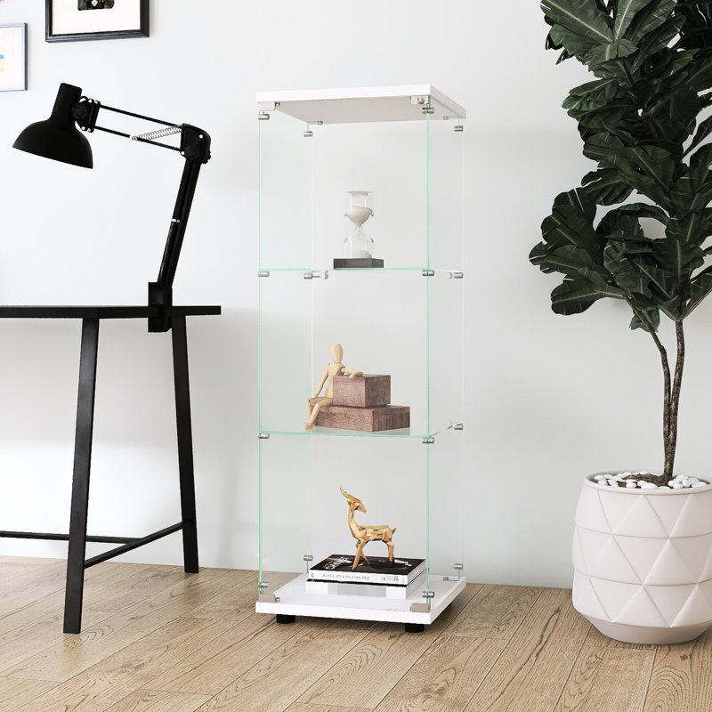 Vitrine blanche en verre sur pied avec 3 tablettes - Installation rapide pour le bureau, la chambre à coucher, le salon et le bureau