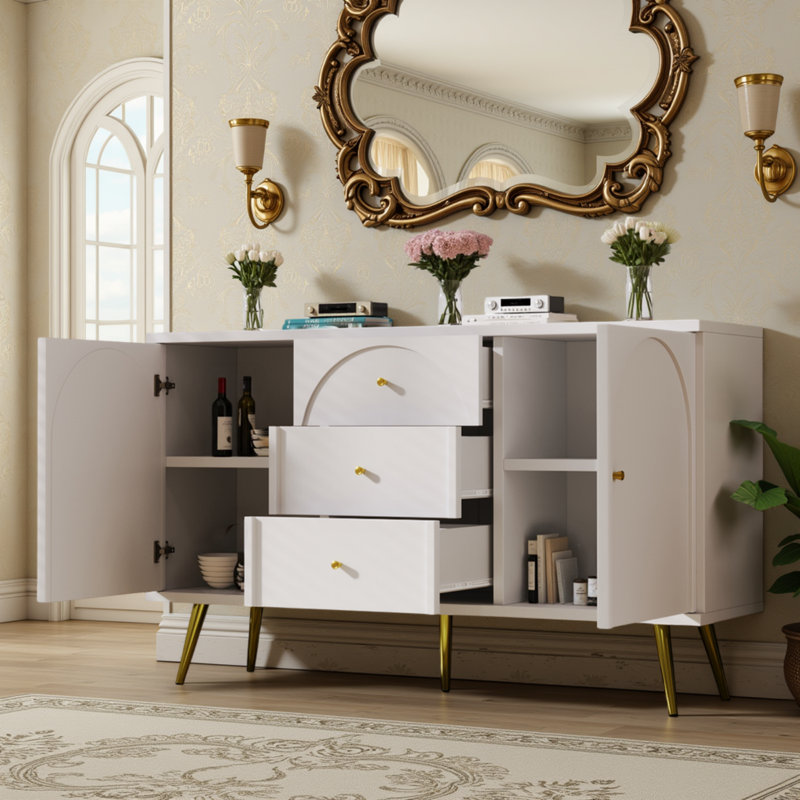 Buffet 55 po avec 3 tiroirs et 2 portes, pieds en métal, console de rangement multi-usage