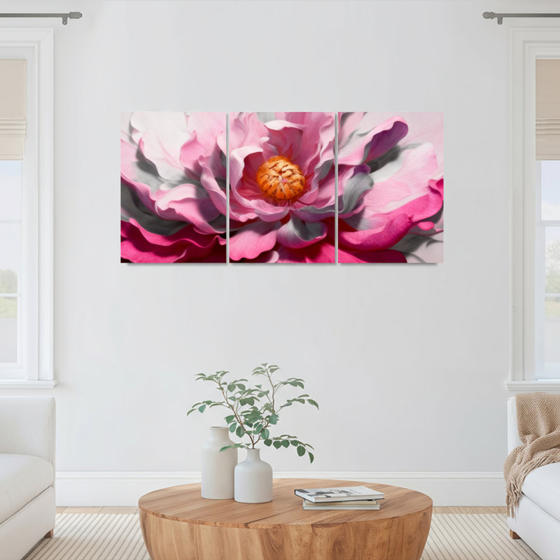 Tableau mural abstrait floral représentant une pivoine rose sur toile tendue (paquet de 3), H 36 po x l 72 po